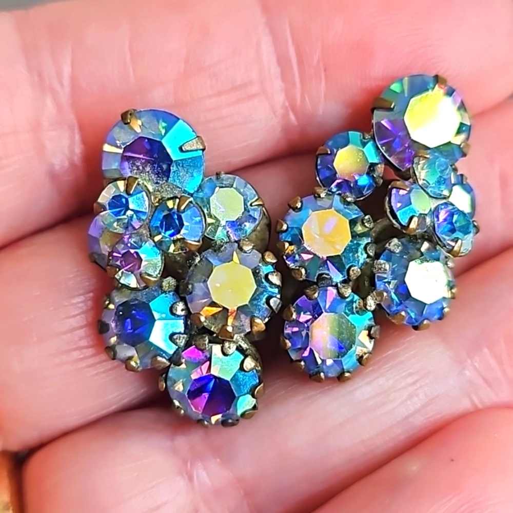 1950s vintage TRIAD earrings, clip-on, blue Borealis Crystal